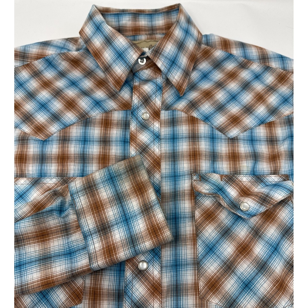 Wrangler Western Shirt Mens Small Brown Blue Plaid Pearl Snap Long Sleeve Yoke